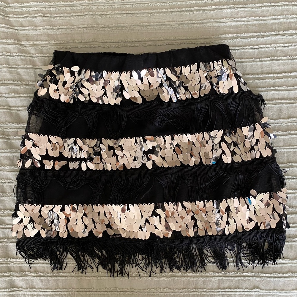 Nasty Gal Sequin & Black Fringe Mini Skirt - Size 4